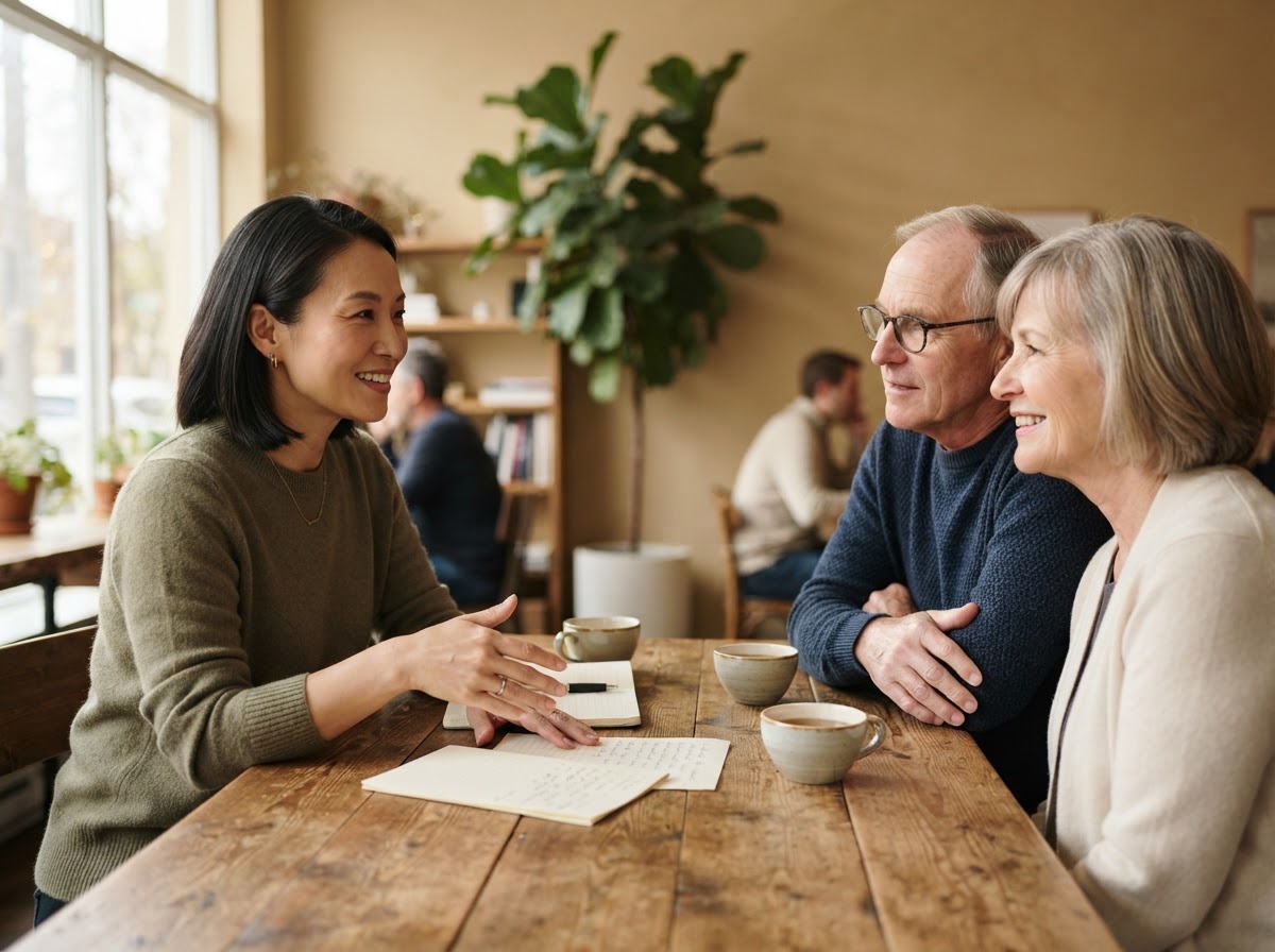 An adviser in conversation with an older couple across a wooden table.