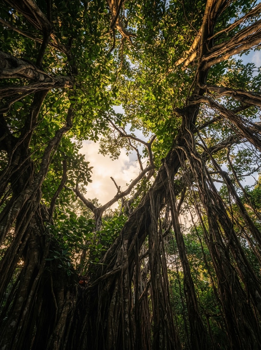 Looking up through the canopy and aerial roots of an old banyan tree.