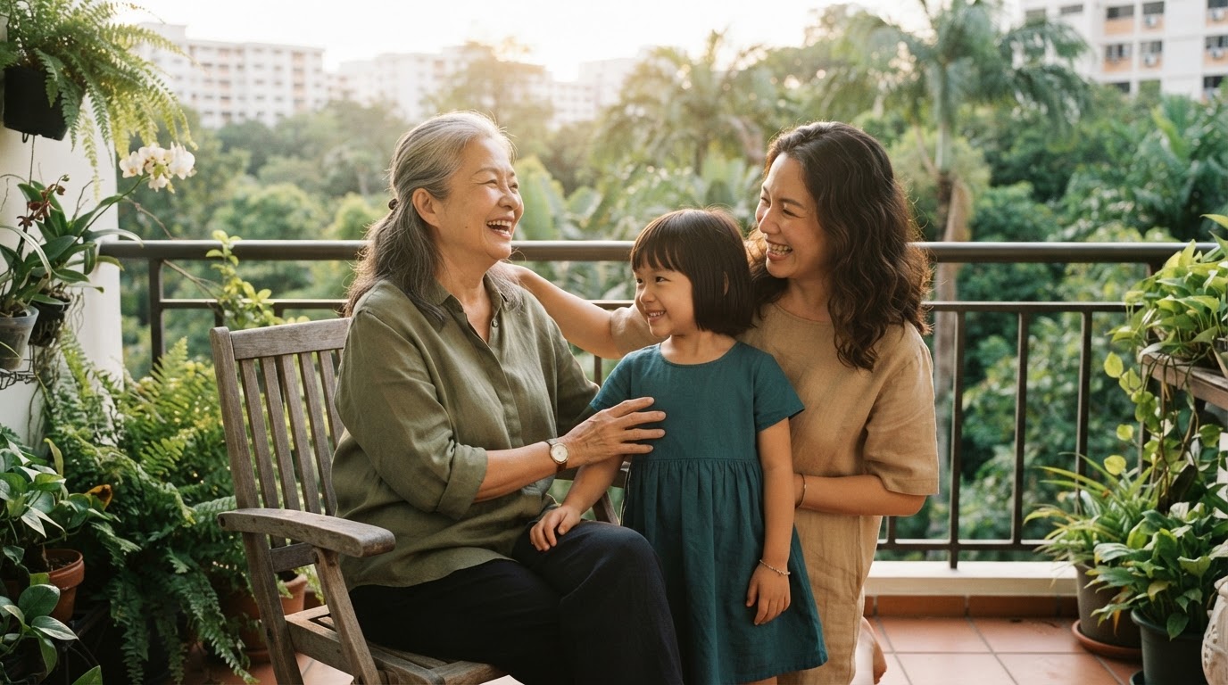 Three generations of a family together on a sunlit balcony.
