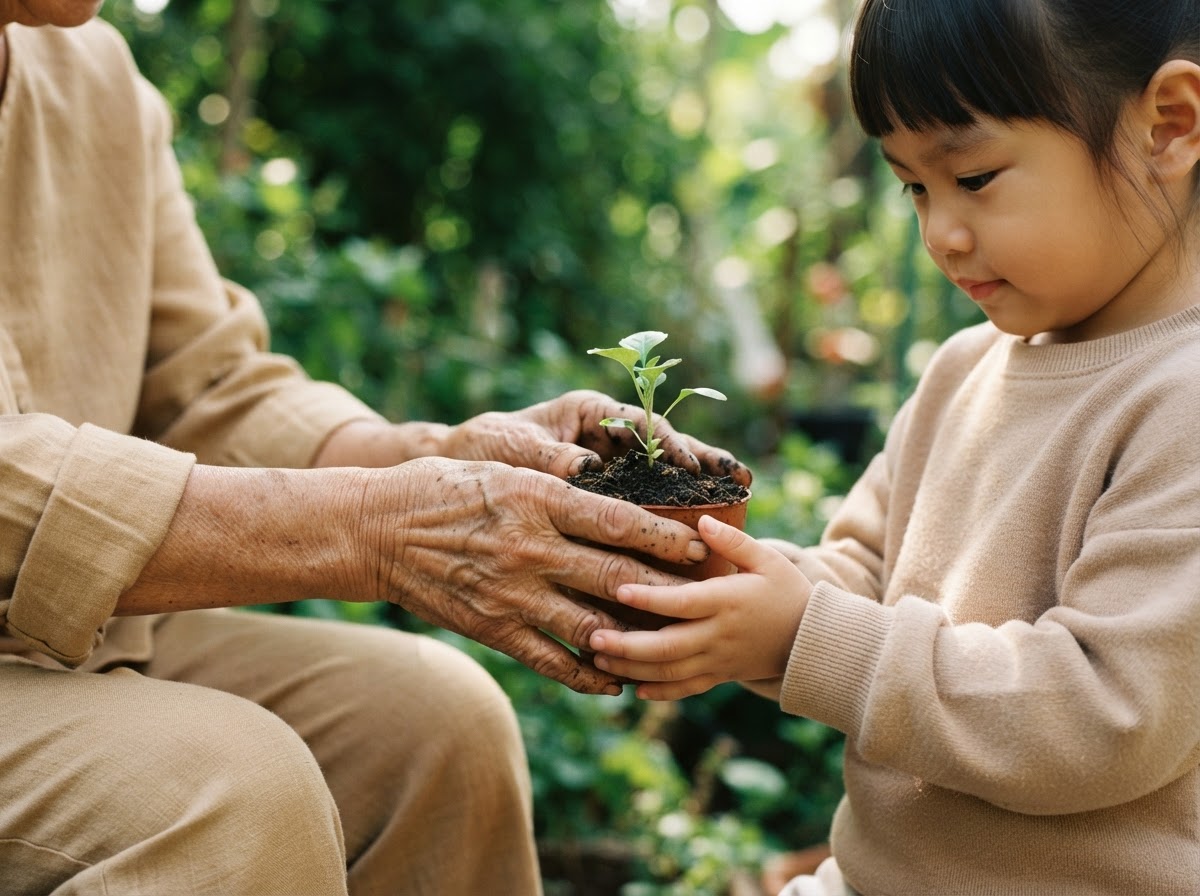 An older person's hands passing a green seedling into a child's hands.