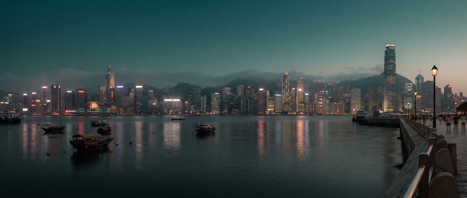 An Asian harbour city skyline at dusk across still water.
